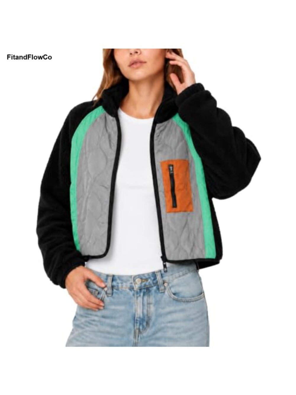 Fleece Jacket Cropped Zip Up Long Sleeve Sherpa Women's